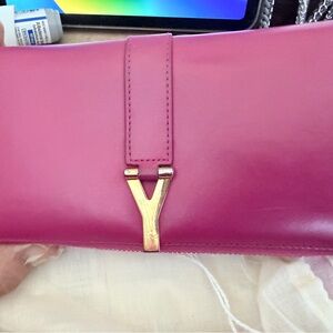 AUTH YSL Saint Laurent Classic Pink Y-Ligne Wallet